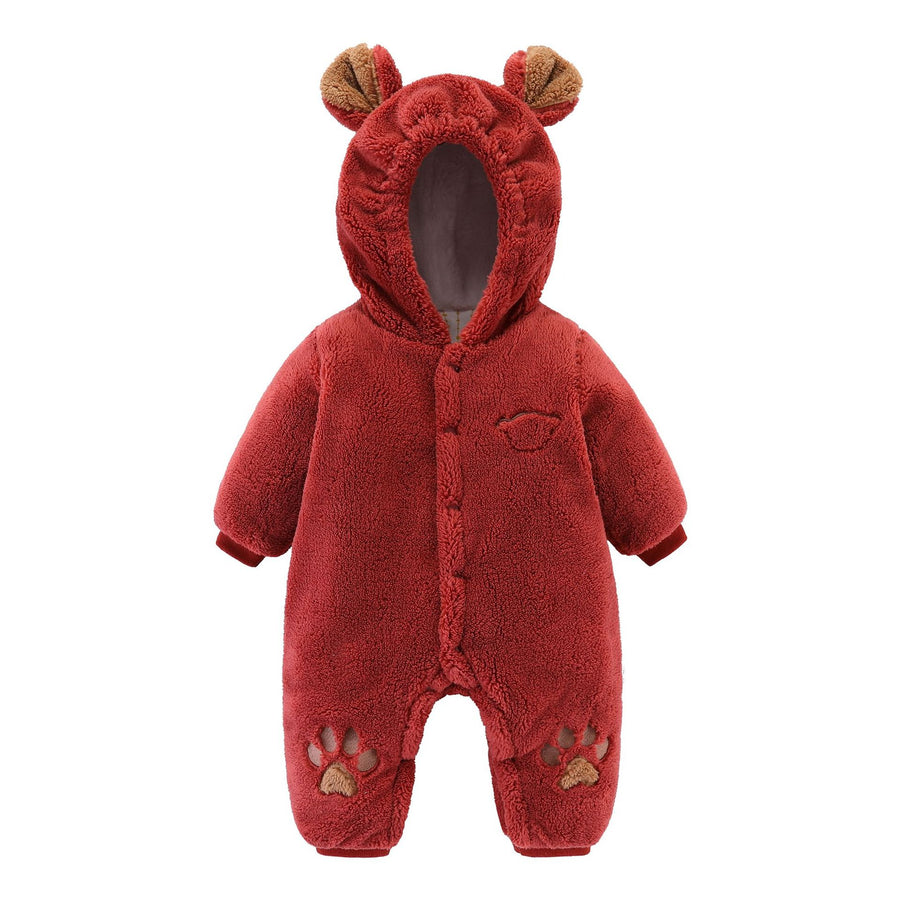 The bear cub romper in brown laid flat, showing the hood ears, popper front and paw-print feet