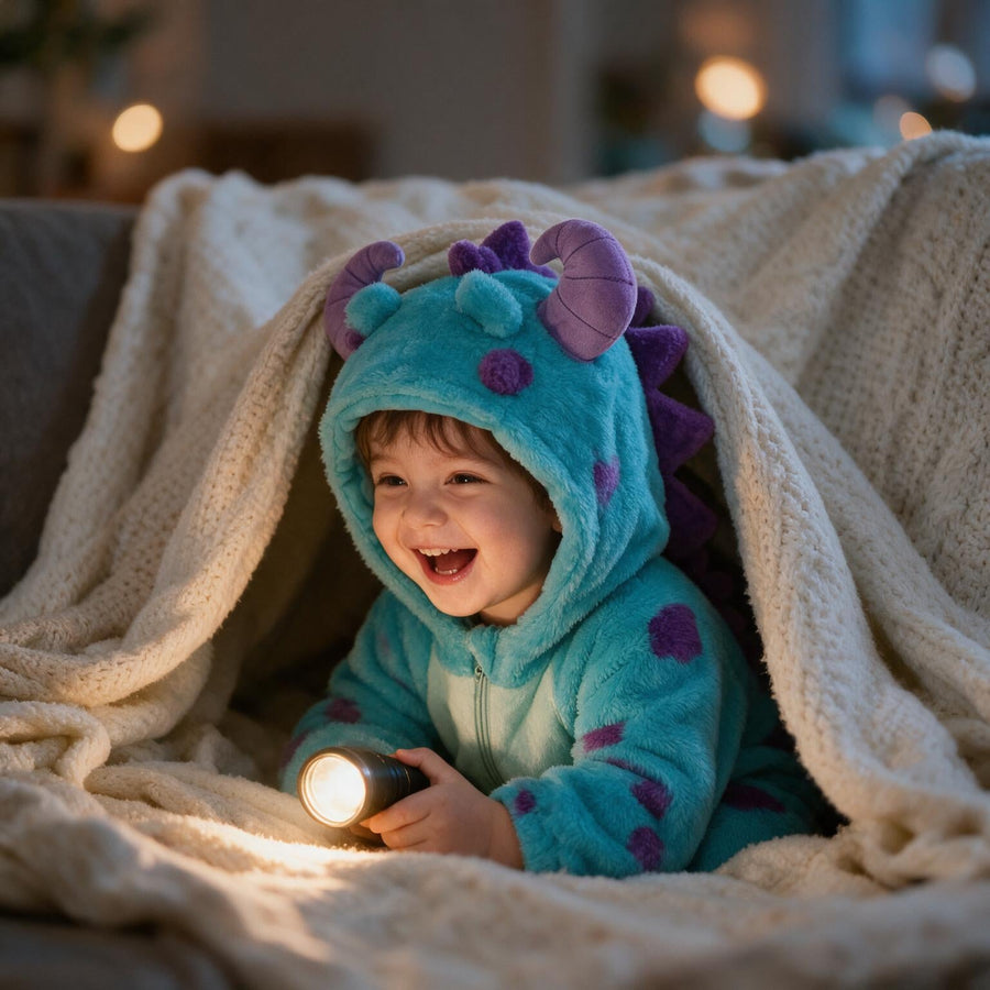 Child laughing in a blanket fort with a torch, wearing the dinosaur onesie