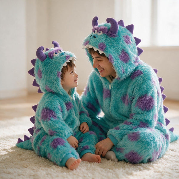 An adult and a child sitting together on a rug in matching turquoise dinosaur jumpsuits