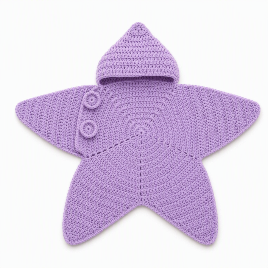 Lavender purple star baby wrap with a pointed hood, laid flat
