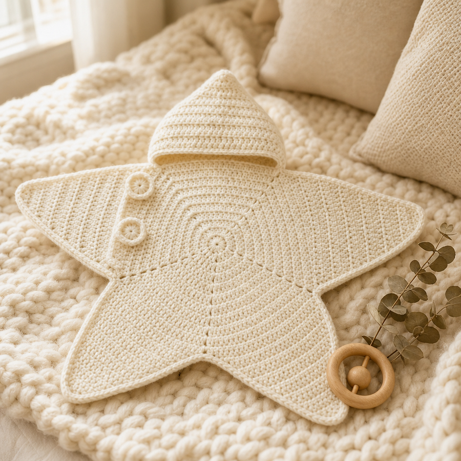 Cream star wrap on a chunky knit blanket with a wooden rattle and dried eucalyptus