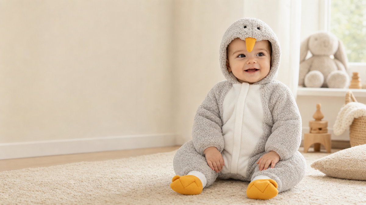 Baby in the grey penguin snuggle suit on a nursery rug