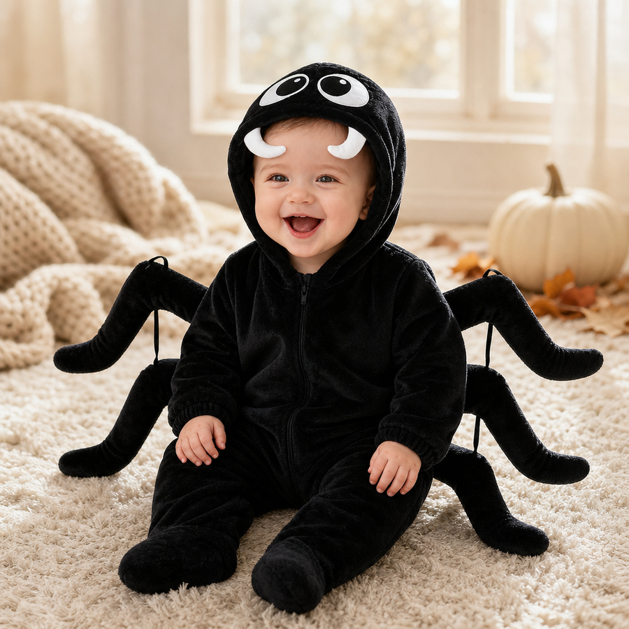 Baby sitting on a cream rug in the black spider suit, hood up, six stuffed legs out to the sides