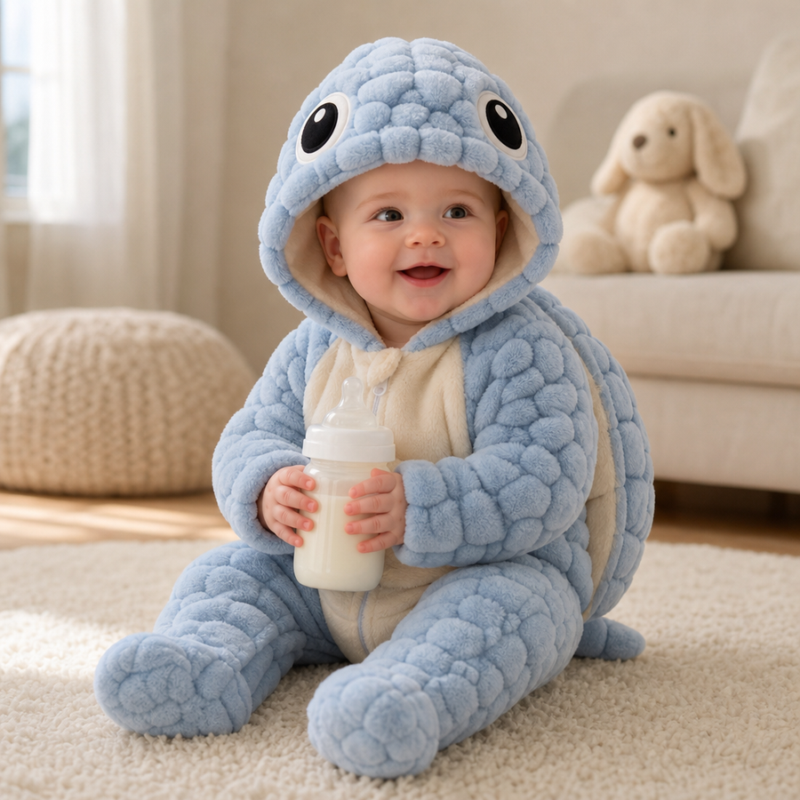Baby sitting up in the blue turtle suit holding a bottle, the shell visible over the back