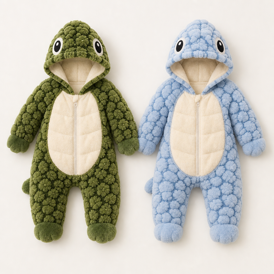 Both colourways of the turtle suit laid flat side by side, green and blue, showing the hood eyes, shell texture and cream belly