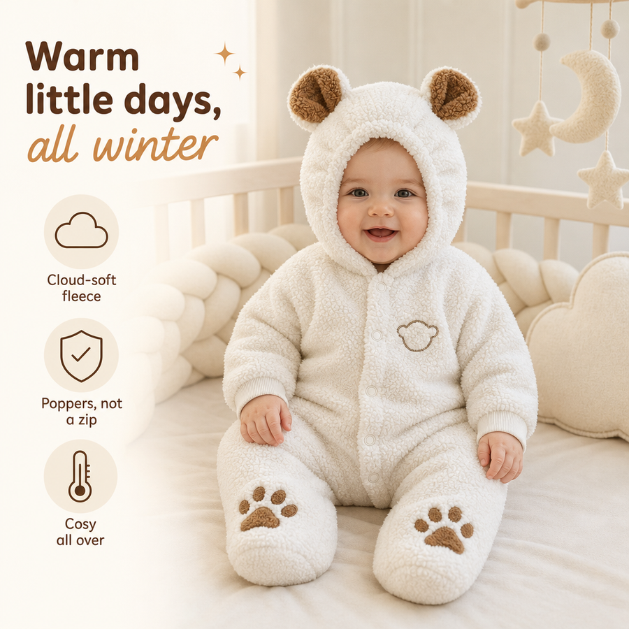 Baby sitting in a cot wearing the cream bear cub romper, hood up, beside captions for soft fleece, popper fastening and warmth