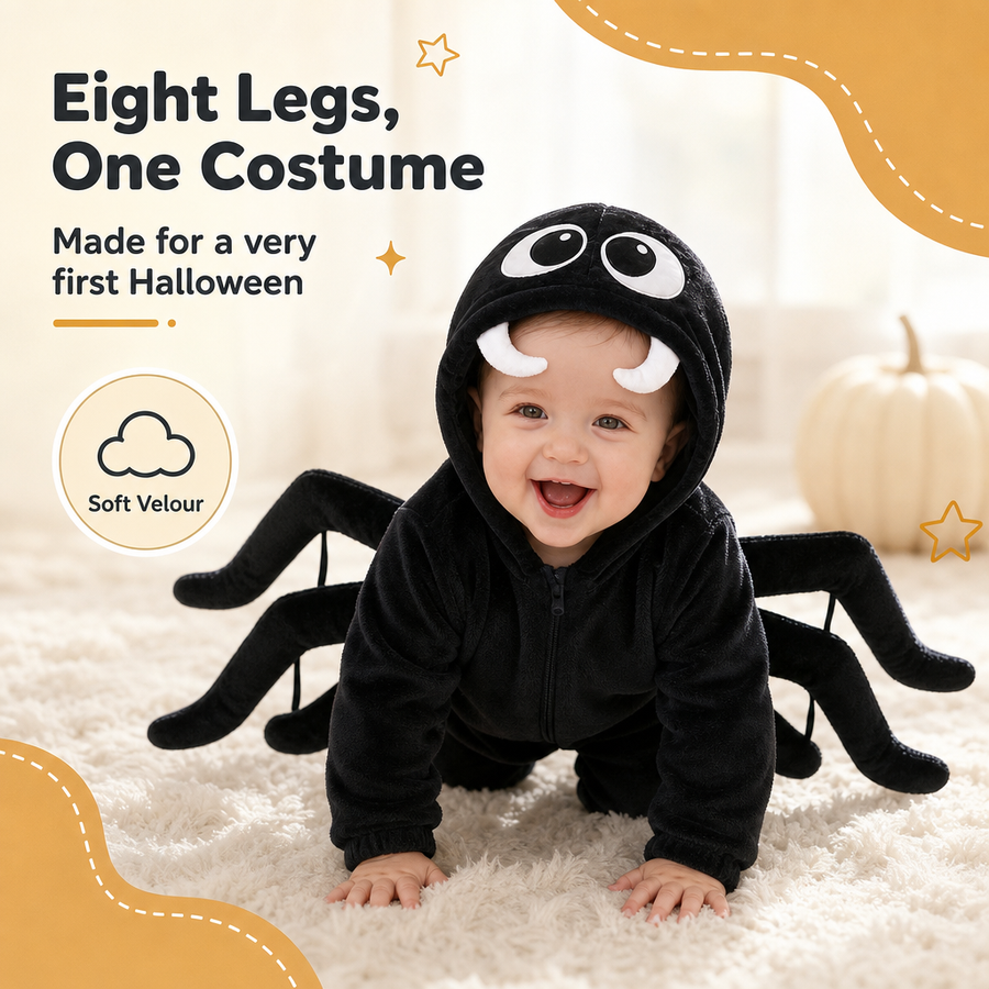 Baby crawling in the black spider suit, with captions for a first Halloween and soft velour