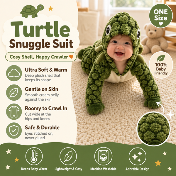 Baby wearing the green turtle suit with the hood up, beside a panel listing its deep plush shell, cream belly, roomy crawling cut and one-size fit
