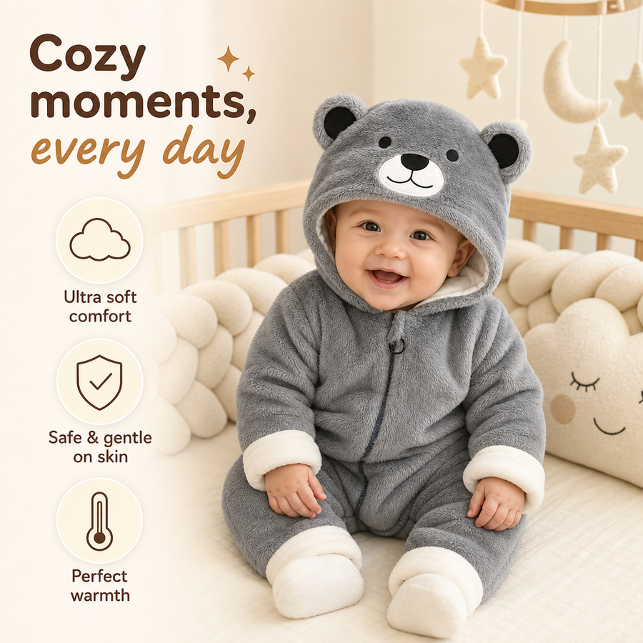 Baby sitting in a cot wearing the grey bear snuggle suit, hood up, beside captions for soft comfort, gentle fabric and warmth