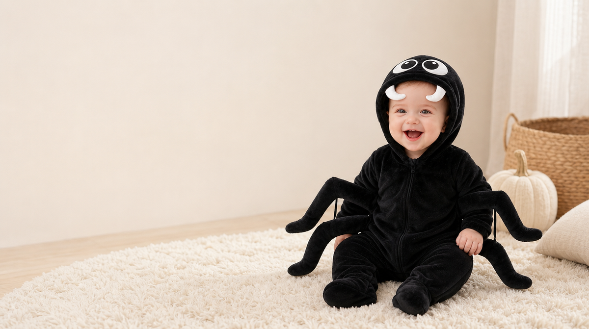 Baby standing on a white blanket in the black spider romper, hood raised, the six stuffed legs held out to the sides