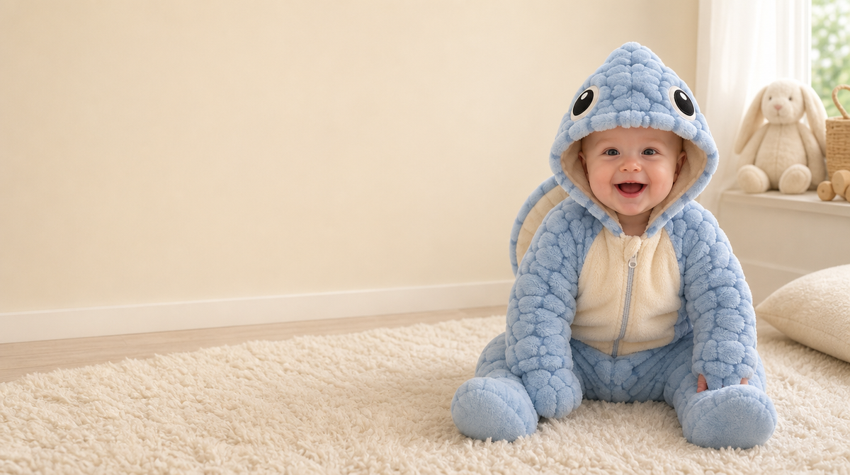 Baby crawling on a rug in the moss green turtle romper with the hood up and the shell texture showing