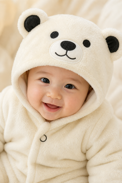 Close-up of the beige bear hood showing the ears, embroidered eyes, muzzle patch and nose