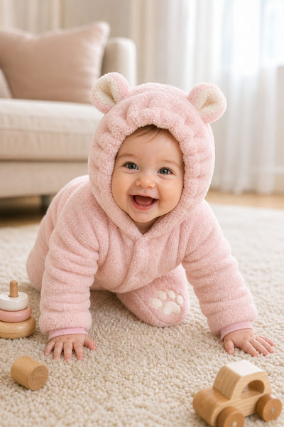 Baby crawling on a cream rug in the pink bear cub romper with the hood up
