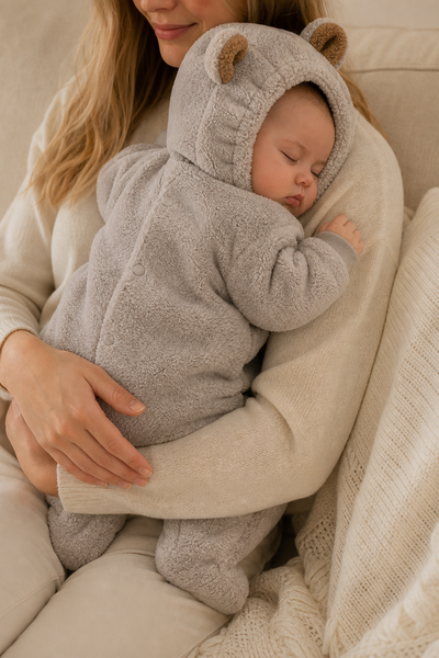 Sleepy baby in the grey bear cub romper held against a parent's shoulder on a sofa