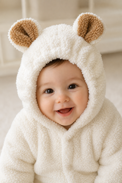 Close-up of the cream bear cub romper hood showing the contrast-lined ears and gathered pleating
