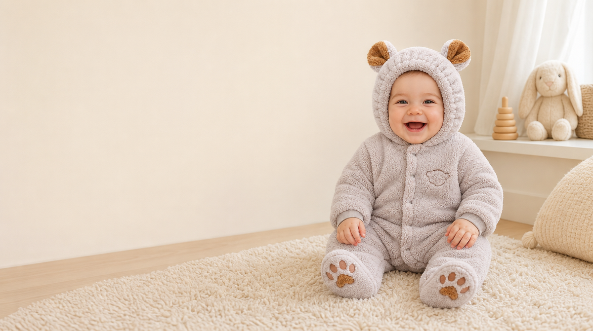 Baby sitting on a cream rug in the caramel brown sherpa bear romper, hood raised, tan-lined ears showing