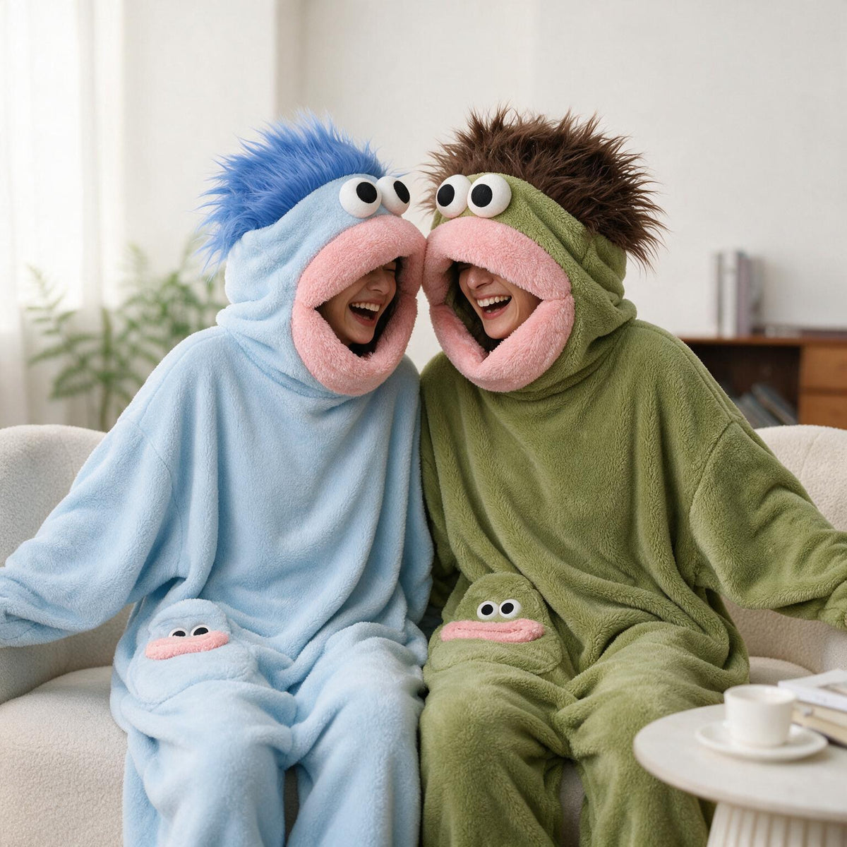Two friends laughing on a sofa in the blue and green big mouth onesies
