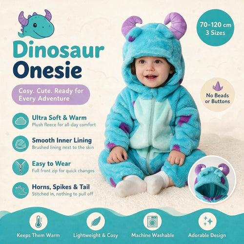 Dinosaur Onesie feature overview: plush fleece, smooth inner lining, full front zip, stitched horns, spikes and tail, sizes 70 to 120 cm