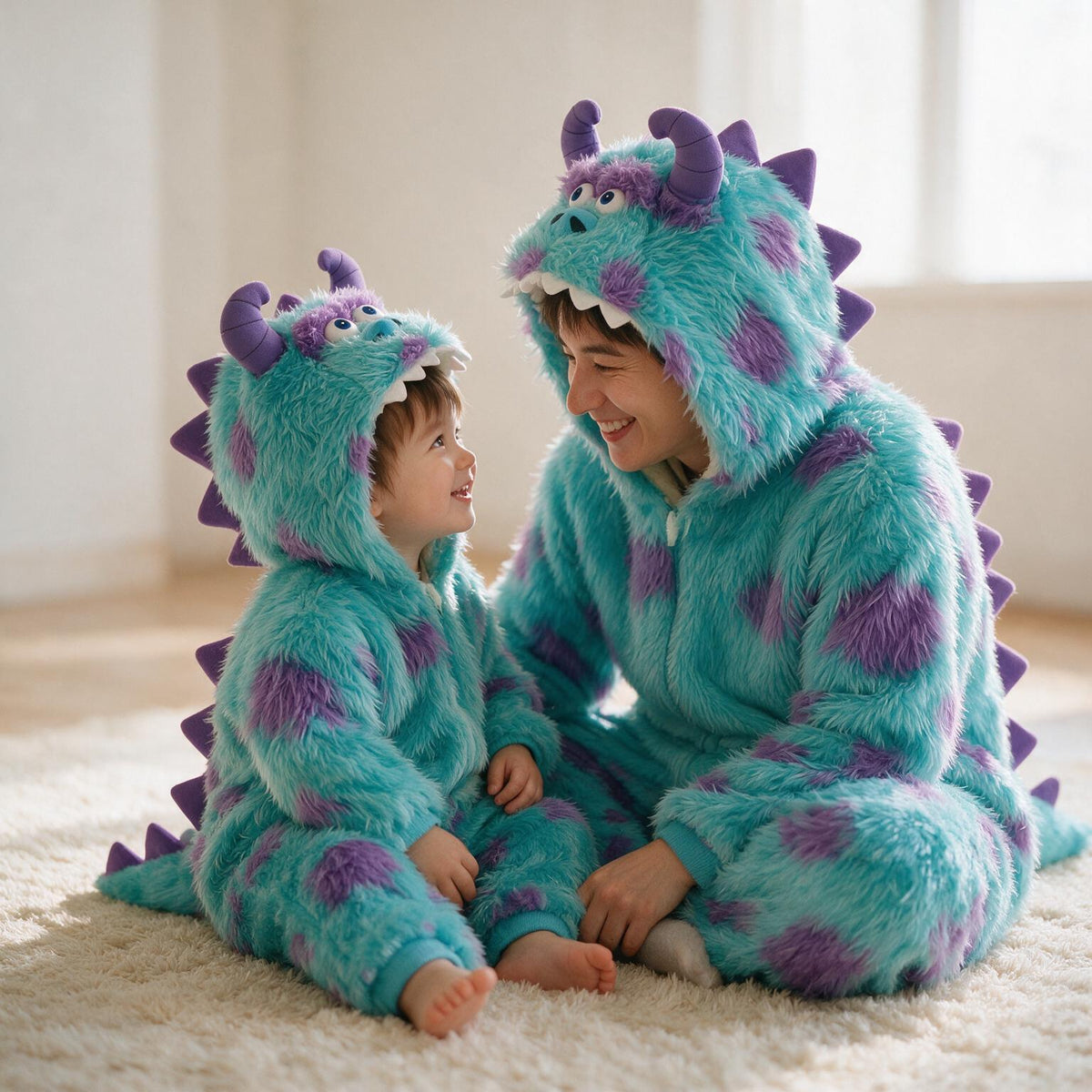 An adult and a child sitting together on a rug in matching turquoise dinosaur jumpsuits