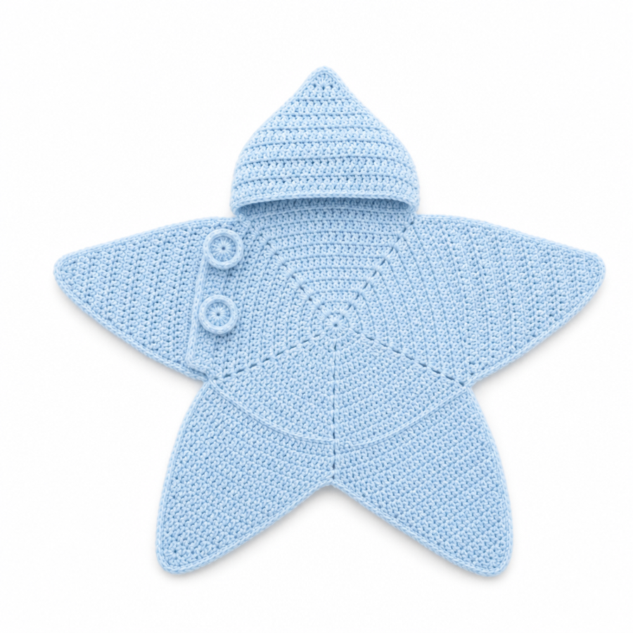 Sky blue star baby wrap with a pointed hood, laid flat
