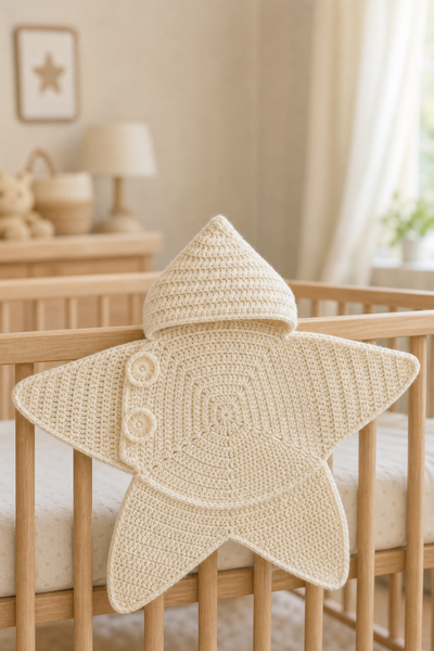 Cream star wrap draped over the rail of a wooden nursery crib
