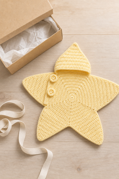 Butter yellow star wrap folded beside an open kraft gift box and ribbon