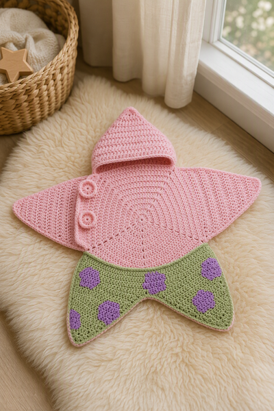 Pink star wrap open on a cream sheepskin rug by a window