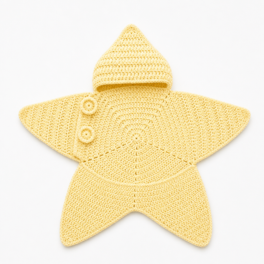 Butter yellow star baby wrap with a pointed hood, laid flat