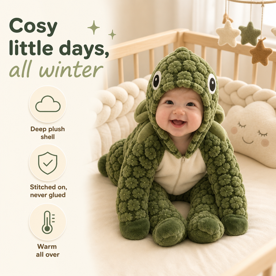 Baby sitting in a cot wearing the green turtle suit, beside captions for deep plush shell, stitched-on eyes and warmth
