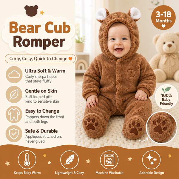 Baby wearing the coffee bear cub romper with the hood up, beside a panel listing its curly sherpa fleece, gentle looped pile, popper fastening and 3-18 month sizing