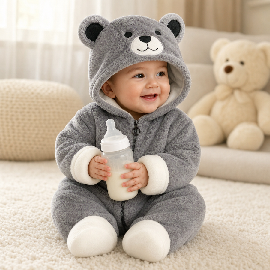 Baby sitting up in the grey bear snuggle suit holding a bottle, hood up, cream fold-over cuffs on hands and feet