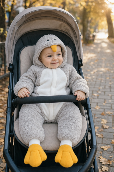 Penguin suit hood up outdoors