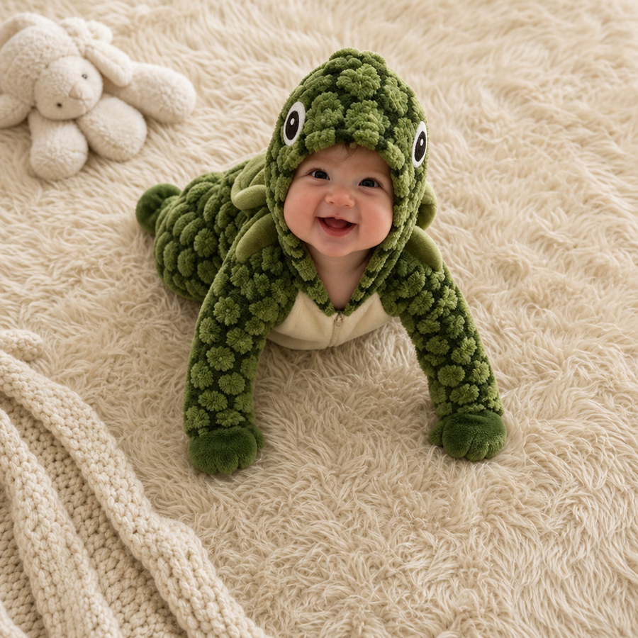 Baby crawling on a cream rug in the green turtle suit, hood up, shell texture and cartoon eyes visible