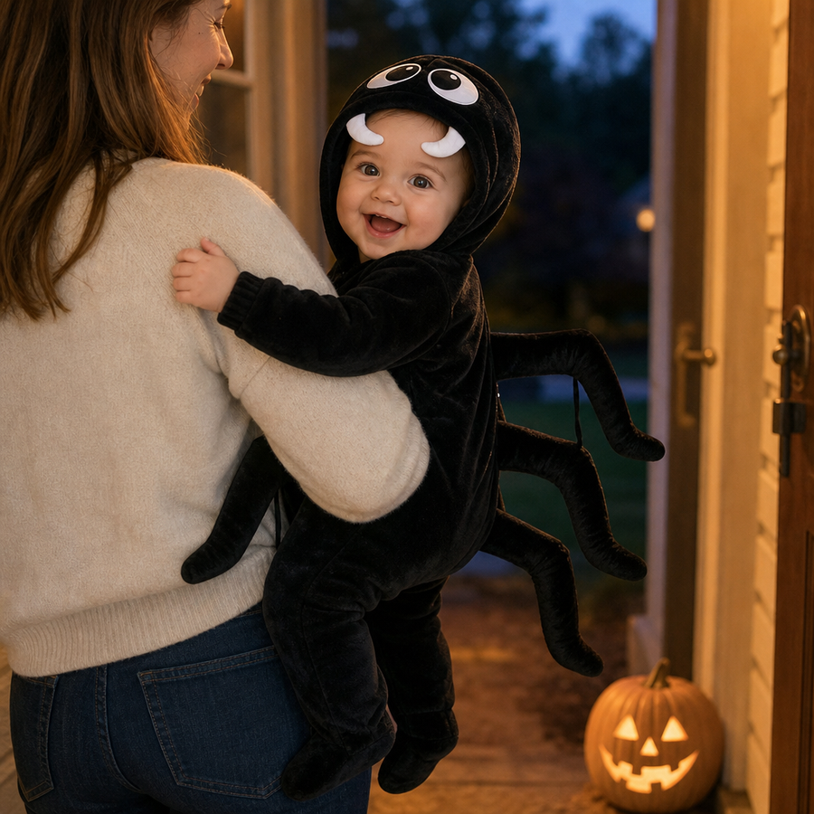 Baby in the black spider suit carried on a parent's hip at a doorstep at dusk beside a lit pumpkin