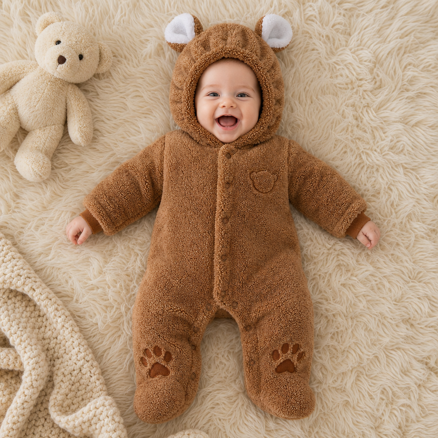 Baby lying on a cream rug in the coffee bear cub romper, hood up, ears and paw prints visible