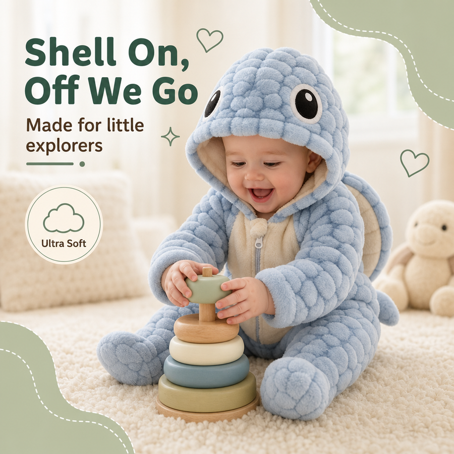 Baby in the blue turtle suit sitting on a cream rug with a wooden stacking toy, hood up