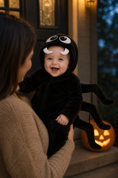 Baby in the black spider suit held on a doorstep at dusk beside a glowing pumpkin