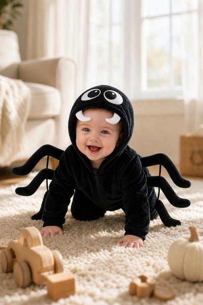 Baby crawling on a cream rug in the black spider suit, six legs out to the sides