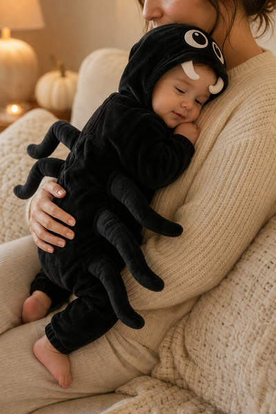 Sleepy baby in the black spider suit held against a parent's shoulder